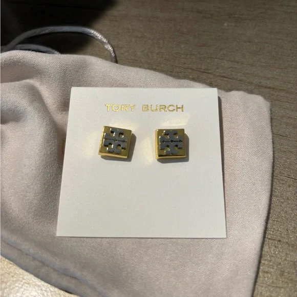 Tory Burch Gold and White Square Logo Stud Earrings - Picture 3 of 4